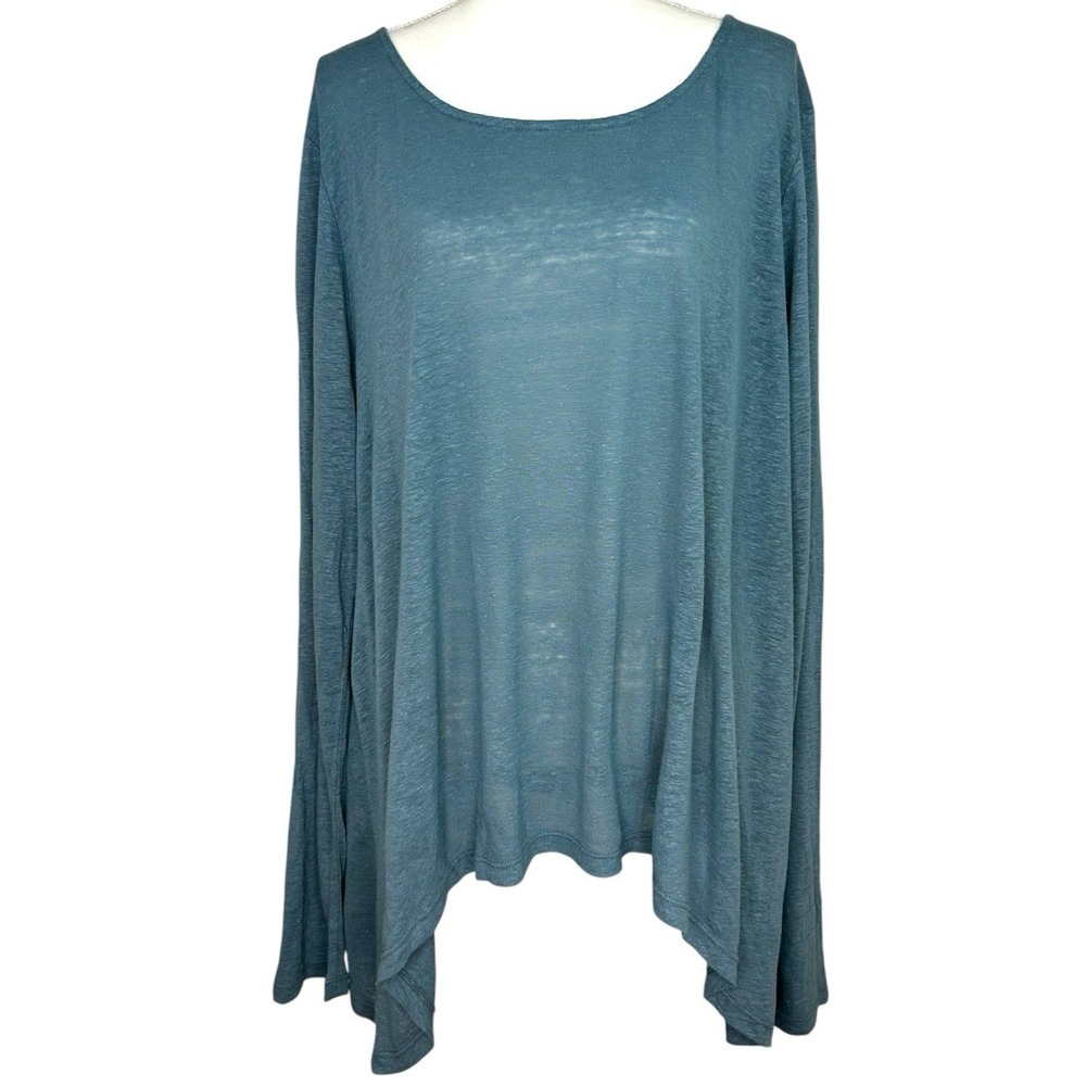 LISA BAYNE Blue Linen Blend Sharkbite Hem Asymmetrical Shirt Top Lagenlook XL - Picture 2 of 7